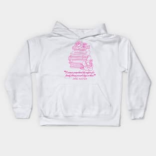 Jane Austen quote in pink - I cannot comprehend the neglect of a family library in such days as these. Kids Hoodie